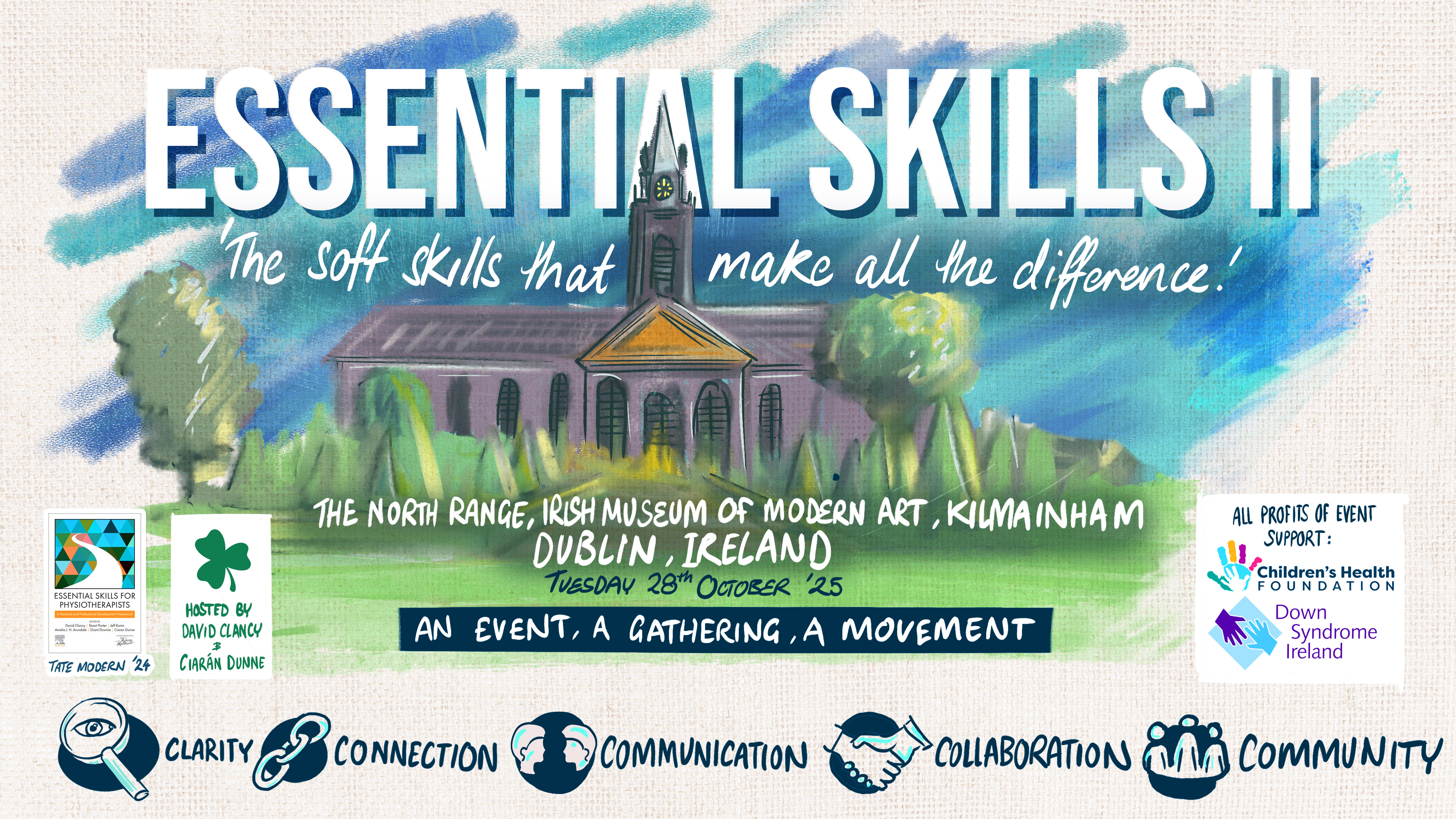 Essential Skills II event poster featuring the venue and charity partners